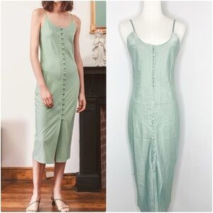 Simple Retro Satin Slip Dress Women’s Small Mint Green Button Front Midi